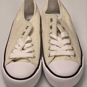Canvas Tennis Shoes | Women Low Top Casual White & Gold Sneakers | Women Lace-Up